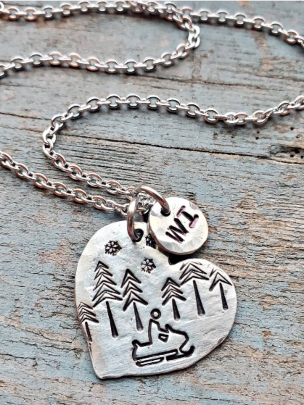 Hand Stamped Snowmobile Heart Necklace | Northwoods Wisconsin Winter Jewelry